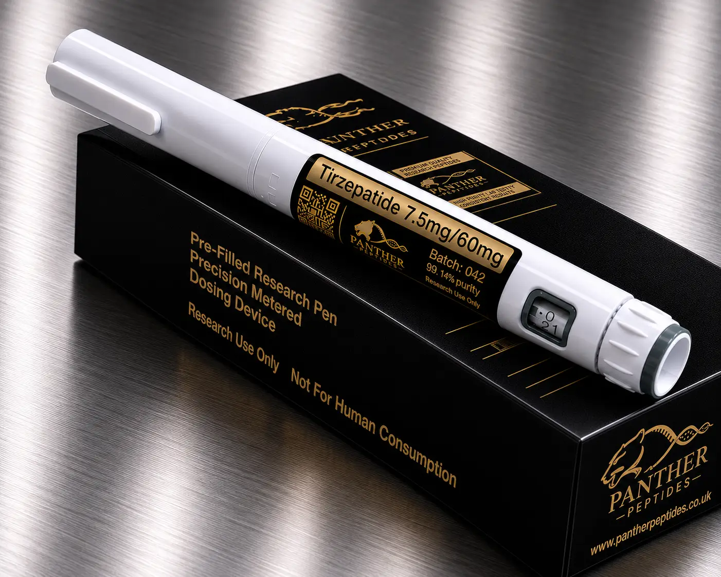 Tirzepatide 7.5–60mg Disposable Research Pen Tirzepatide 7.5–60mg disposable research pen by Panther Peptides